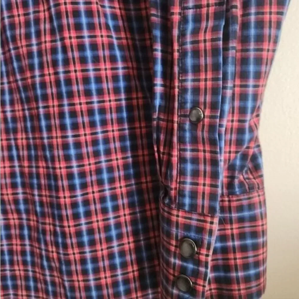 M70 Banana Republic Slim Fit Men's Red & Blue Plaid Western Shirt w Pearly Snaps